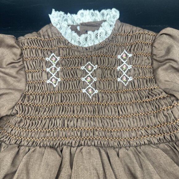 VTG Polly Flinders Brown Smocked Lace Floral Long Sleeve Button Back Dress Sz 3T - Picture 2 of 8